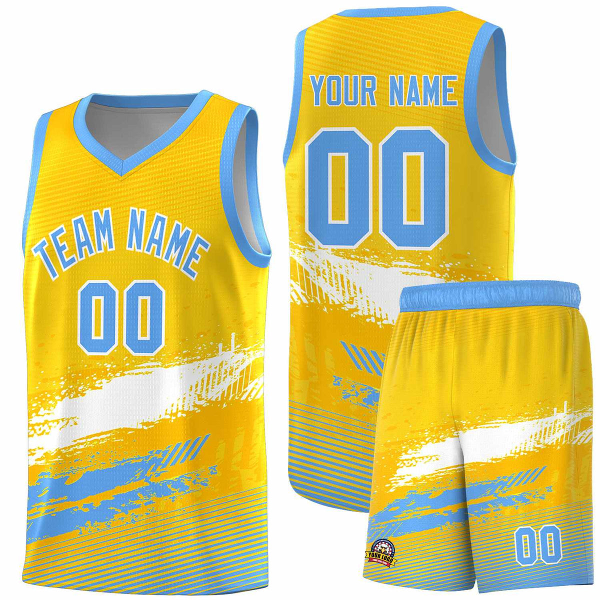 Custom Yellow White and Powder Blue Graffiti Pattern Sports Uniform Basketball Jersey|KXKSHOP