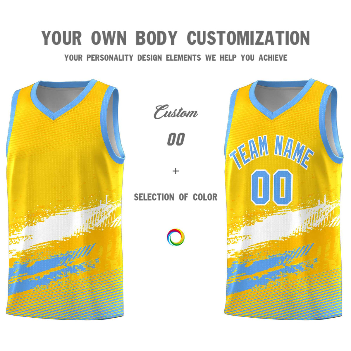 Custom Yellow White and Powder Blue Graffiti Pattern Sports Uniform Basketball Jersey|KXKSHOP