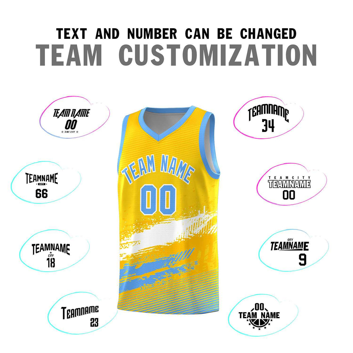 Custom Yellow White and Powder Blue Graffiti Pattern Sports Uniform Basketball Jersey|KXKSHOP