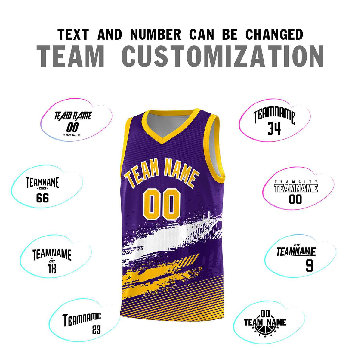 Custom Purple White and Yellow Graffiti Pattern Sports Uniform Basketball Jersey|KXKSHOP