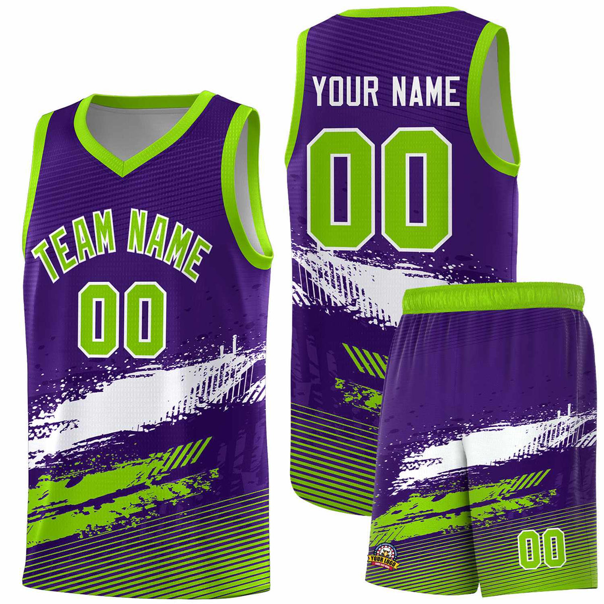 Custom Purple White and Neon Green Graffiti Pattern Sports Uniform Basketball Jersey|KXKSHOP