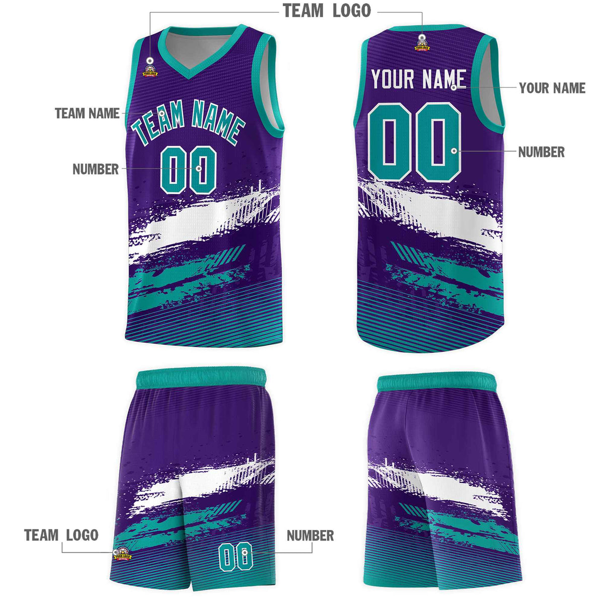 Custom Purple White and Aqua Graffiti Pattern Sports Uniform Basketball Jersey|KXKSHOP