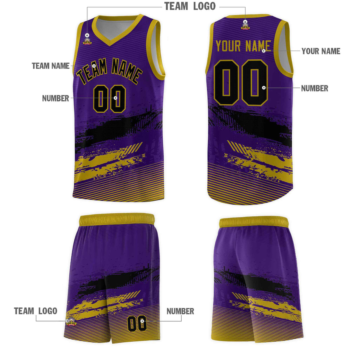 Custom Purple Black and Old Gold Graffiti Pattern Sports Uniform Basketball Jersey|KXKSHOP