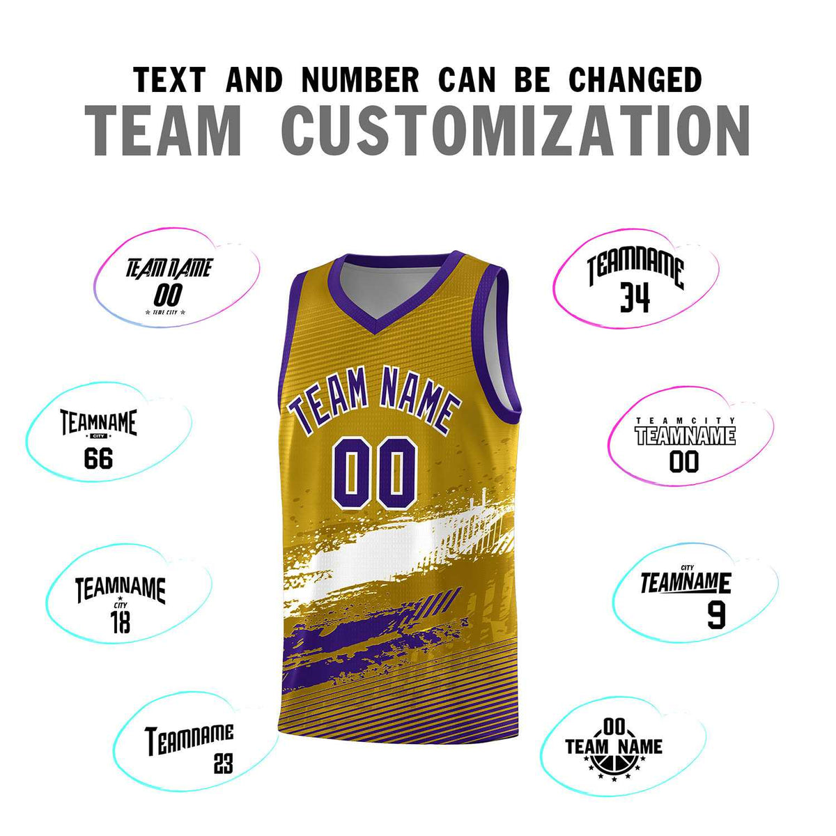 Custom Old Gold White and Purple Graffiti Pattern Sports Uniform Basketball Jersey|KXKSHOP