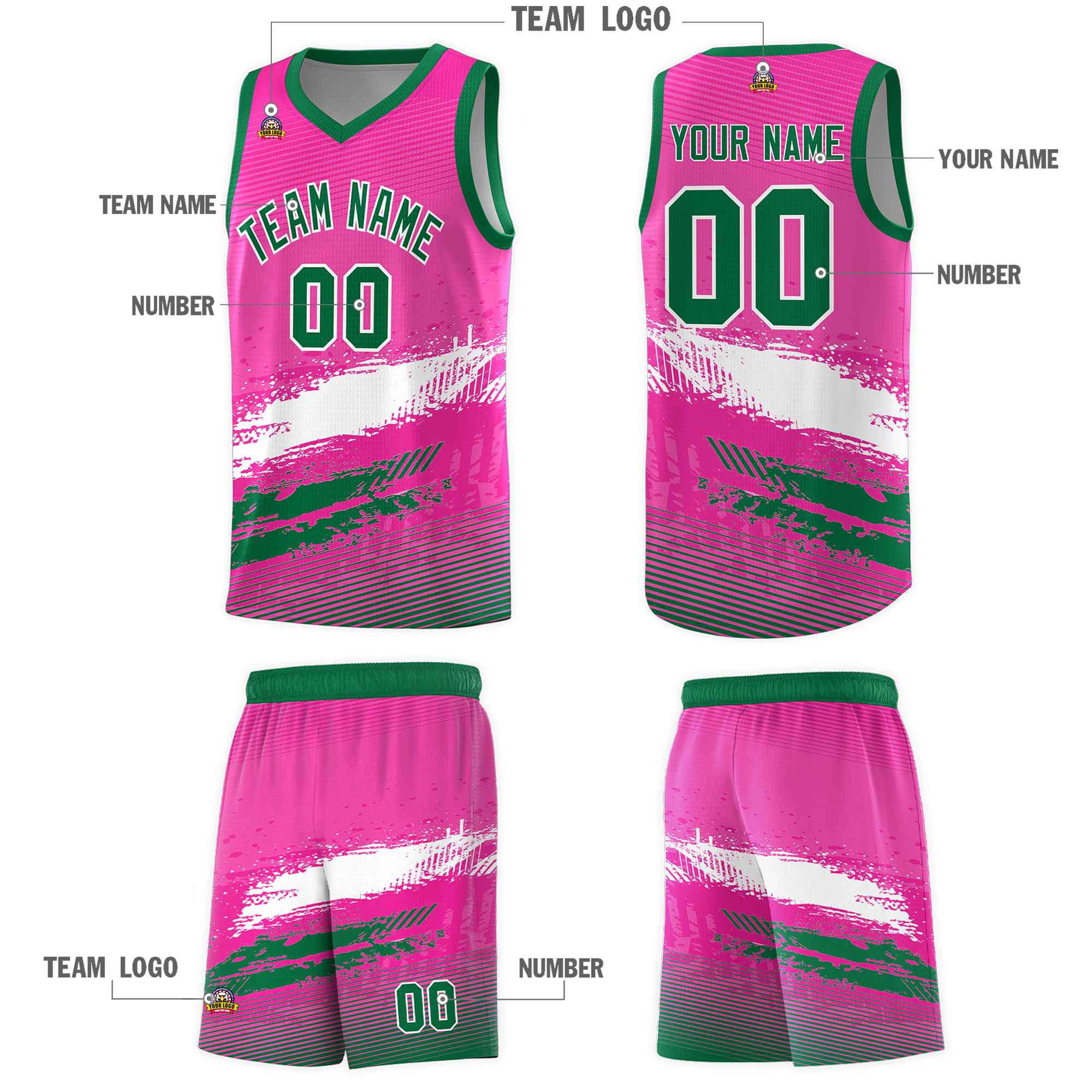 Custom Pink White and Kelly Green Graffiti Pattern Sports Uniform Basketball Jersey|KXKSHOP