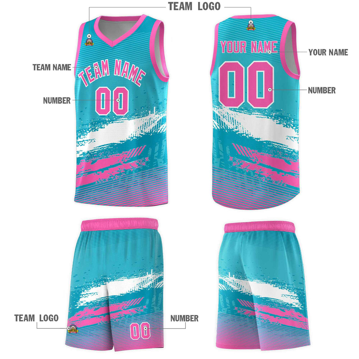Custom Sky Blue White and Pink Graffiti Pattern Sports Uniform Basketball Jersey|KXKSHOP