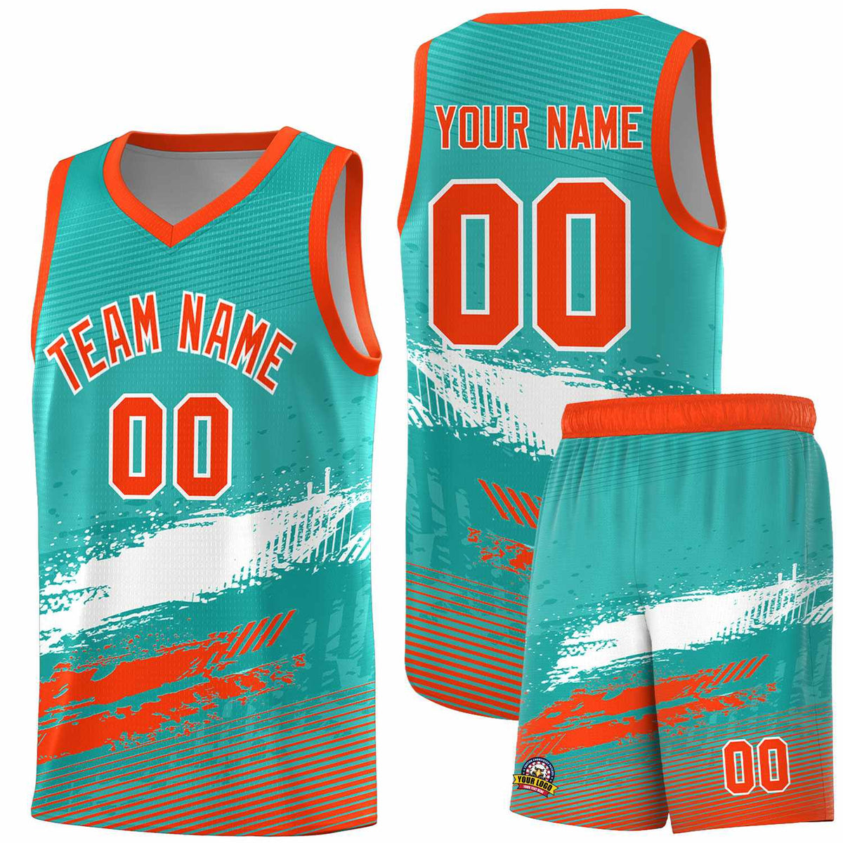 Custom Aqua White and Orange Graffiti Pattern Sports Uniform Basketball Jersey|KXKSHOP