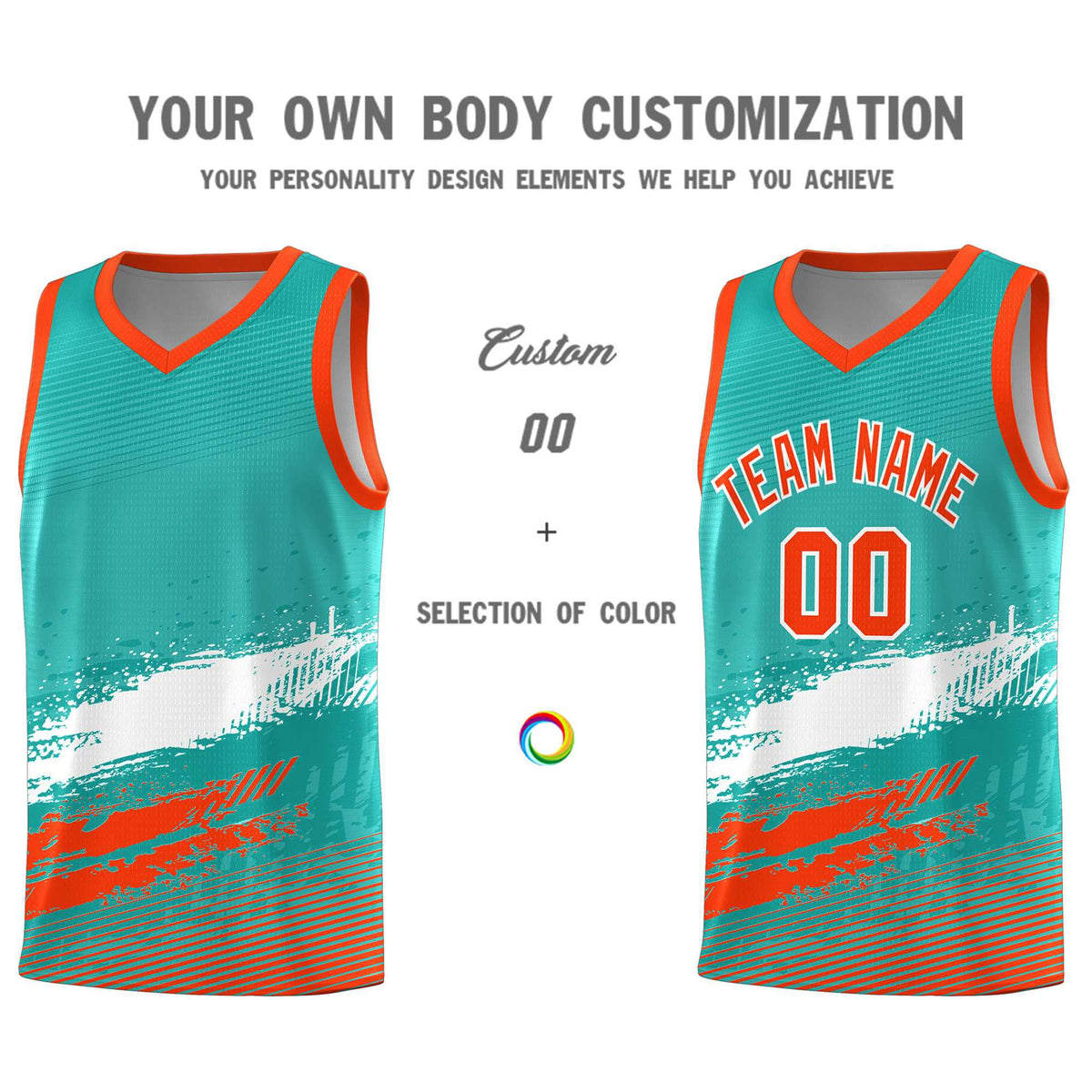 Custom Aqua White and Orange Graffiti Pattern Sports Uniform Basketball Jersey|KXKSHOP
