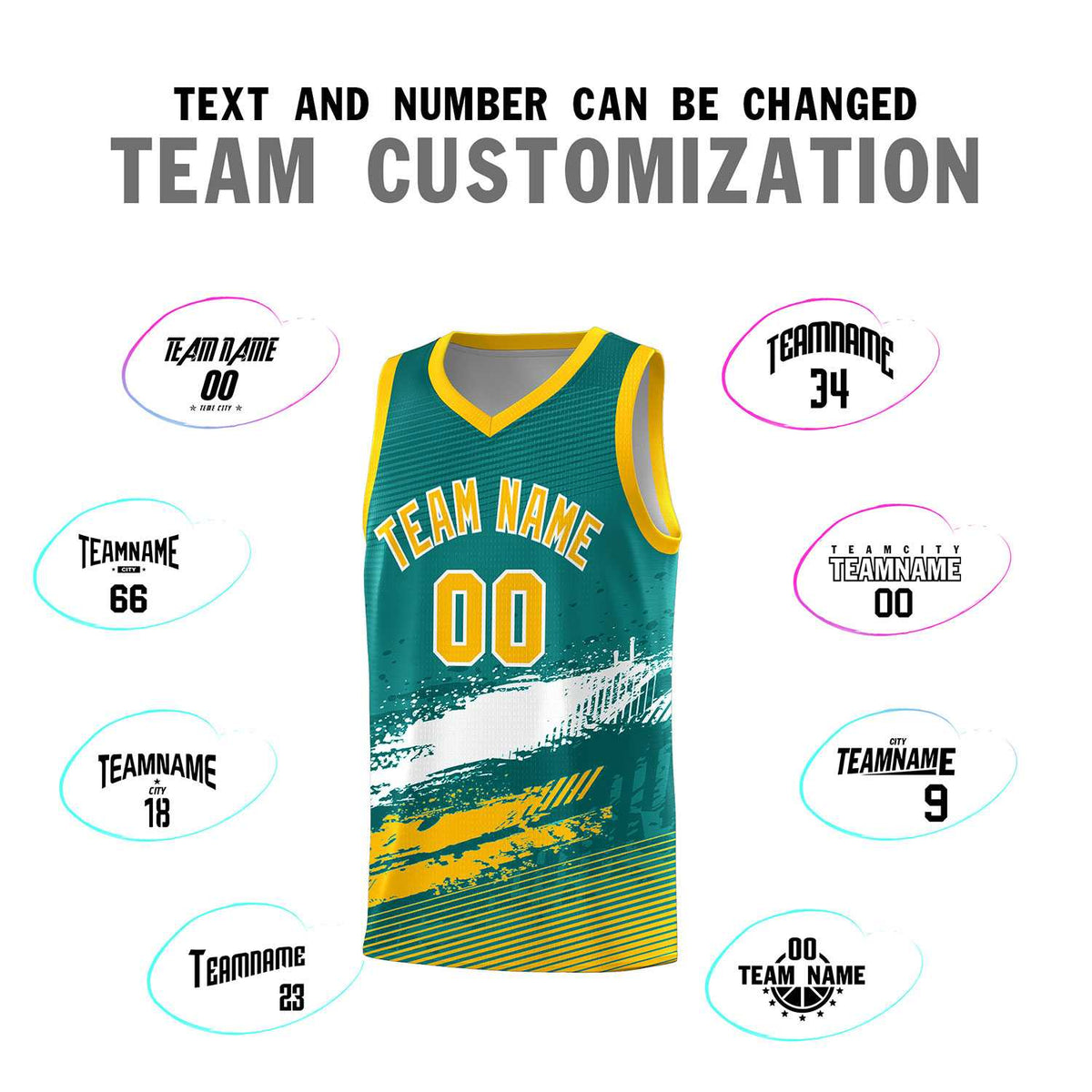 Custom Aqua White and Yellow Graffiti Pattern Sports Uniform Basketball Jersey|KXKSHOP