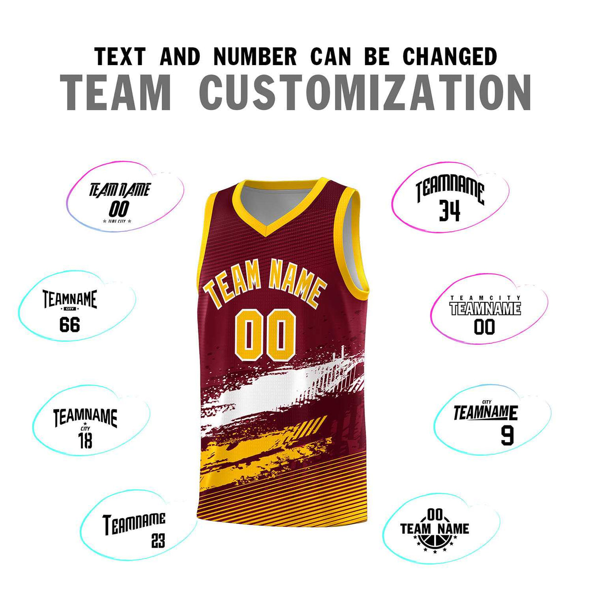Custom Crimson White and Yellow Graffiti Pattern Sports Uniform Basketball Jersey|KXKSHOP