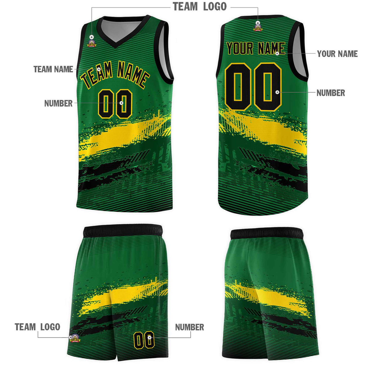 Custom Kelly Green Gold and Black Graffiti Pattern Sports Uniform Basketball Jersey|KXKSHOP