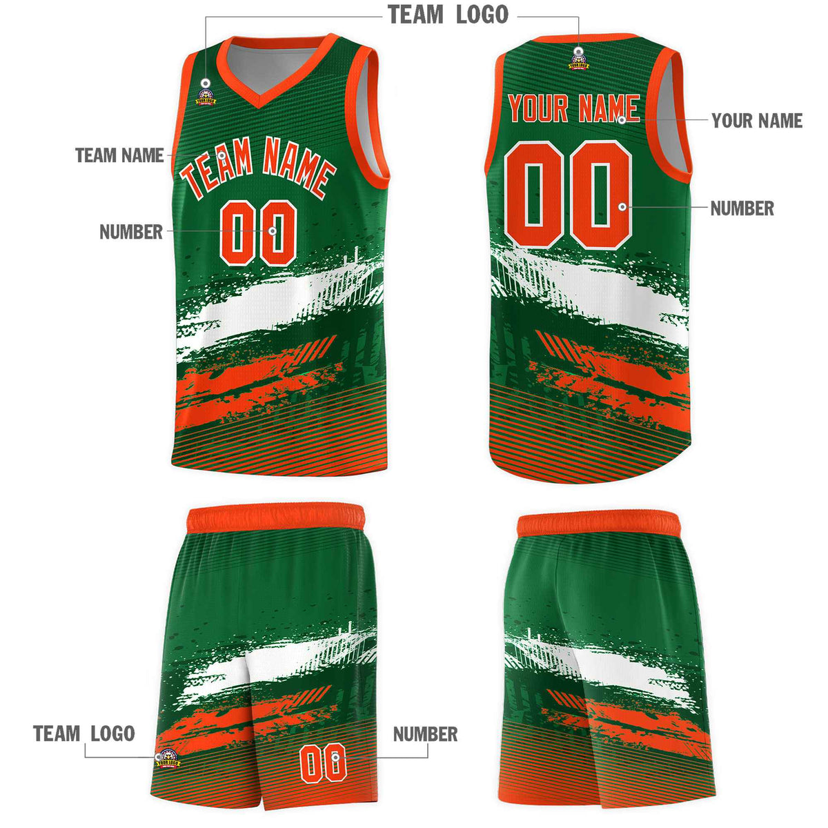 Custom Kelly Green White and Orange Graffiti Pattern Sports Uniform Basketball Jersey|KXKSHOP