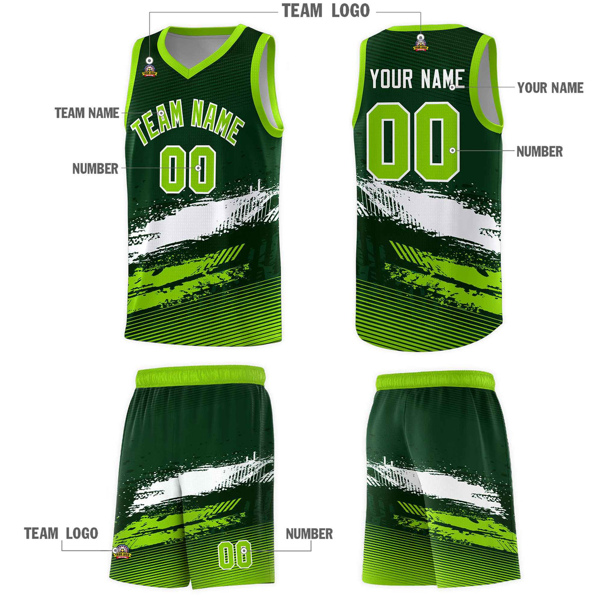 Custom Green White and Neon Green Graffiti Pattern Sports Uniform Basketball Jersey|KXKSHOP