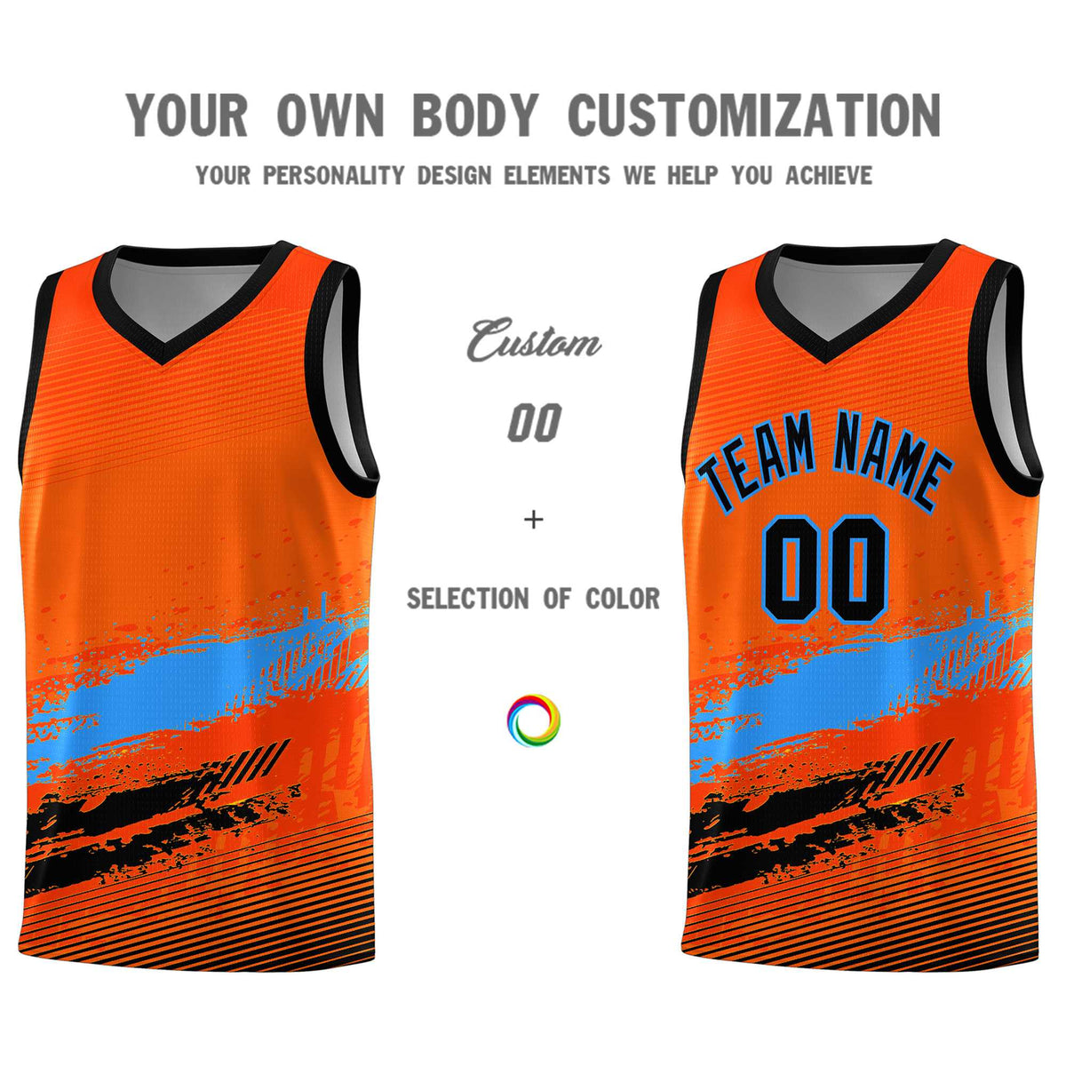 Custom Orange Powder Blue and Black Graffiti Pattern Sports Uniform Basketball Jersey|KXKSHOP