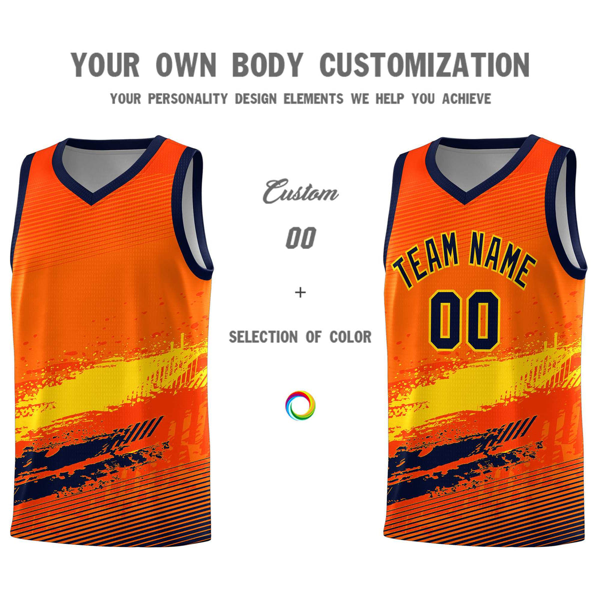 Custom Orange Gold and Navy Graffiti Pattern Sports Uniform Basketball Jersey|KXKSHOP