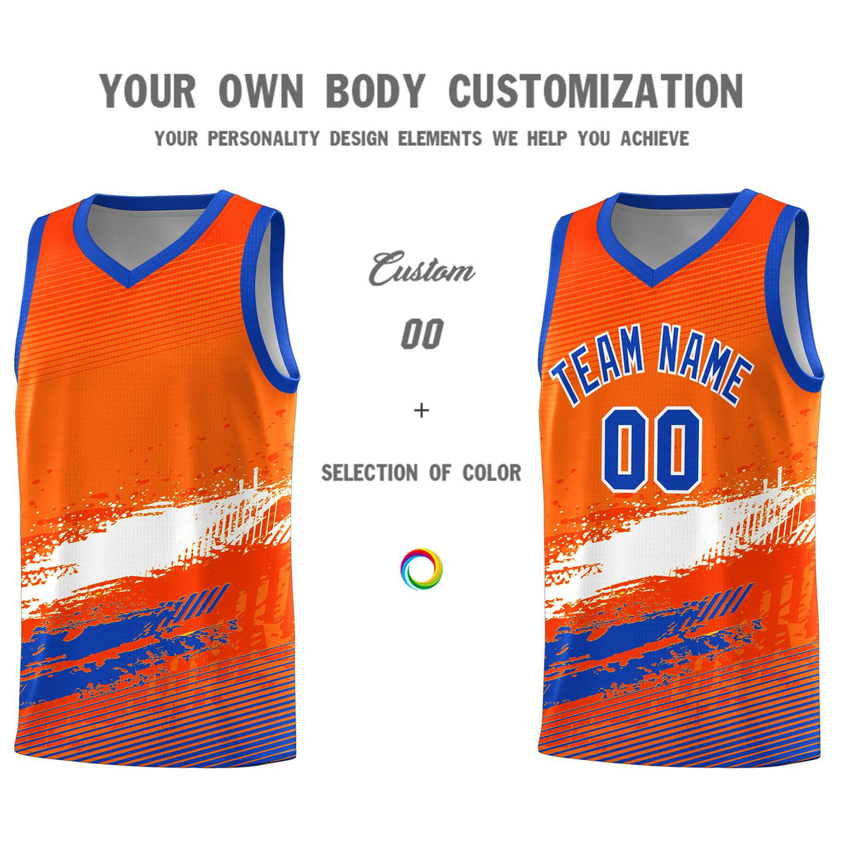 Custom Orange White and Royal Graffiti Pattern Sports Uniform Basketball Jersey|KXKSHOP
