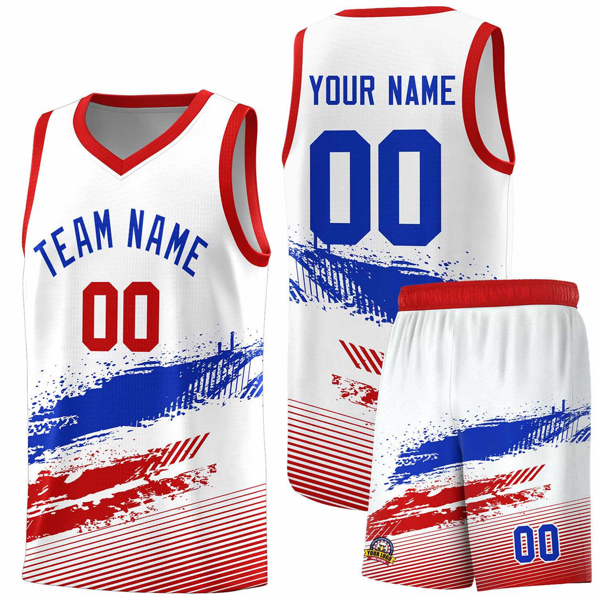 Custom White Royal and Red Graffiti Pattern Sports Uniform Basketball Jersey|KXKSHOP