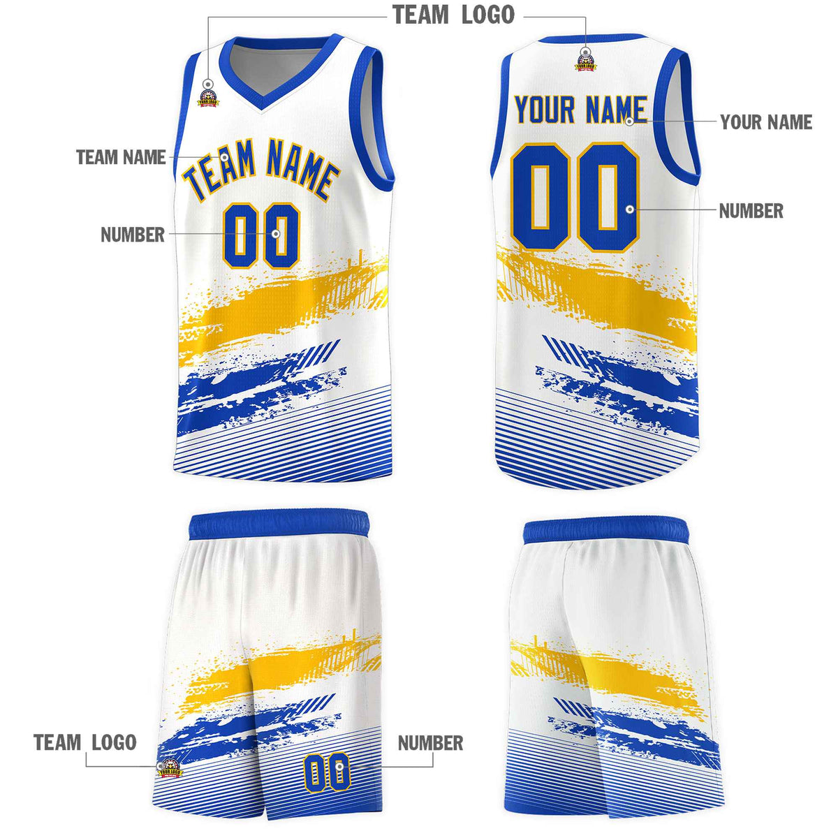 Custom White Yellow and Royal Graffiti Pattern Sports Uniform Basketball Jersey|KXKSHOP