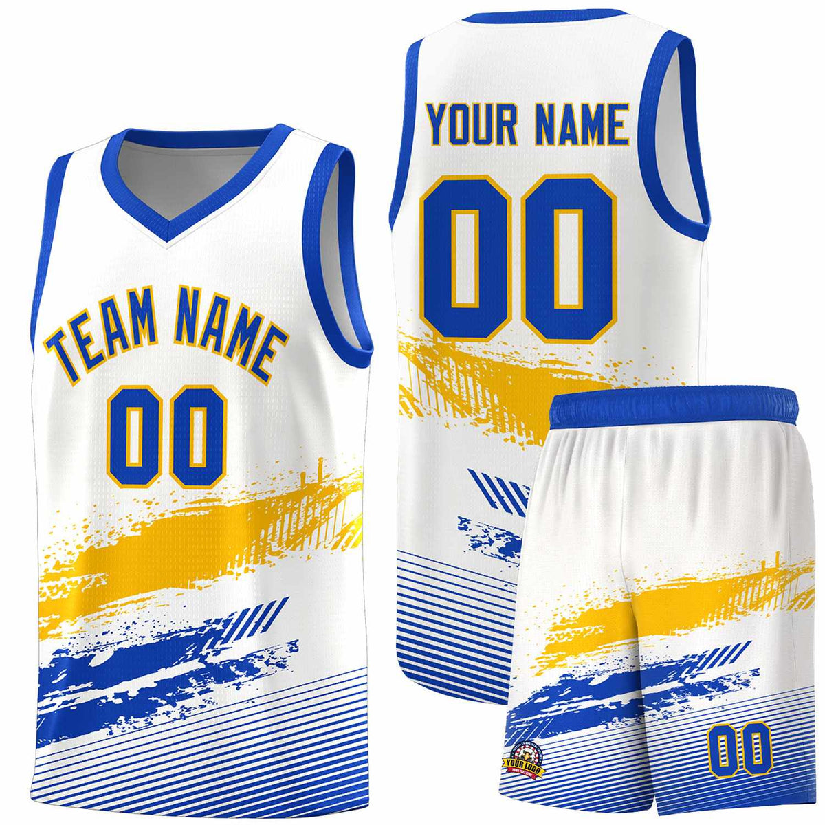Custom White Yellow and Royal Graffiti Pattern Sports Uniform Basketball Jersey|KXKSHOP
