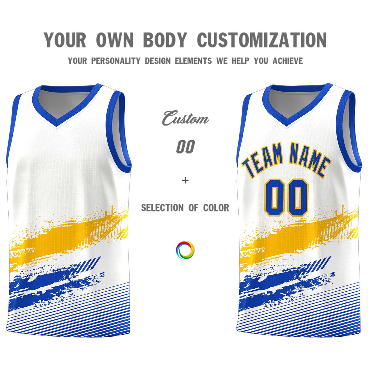 Custom White Yellow and Royal Graffiti Pattern Sports Uniform Basketball Jersey|KXKSHOP