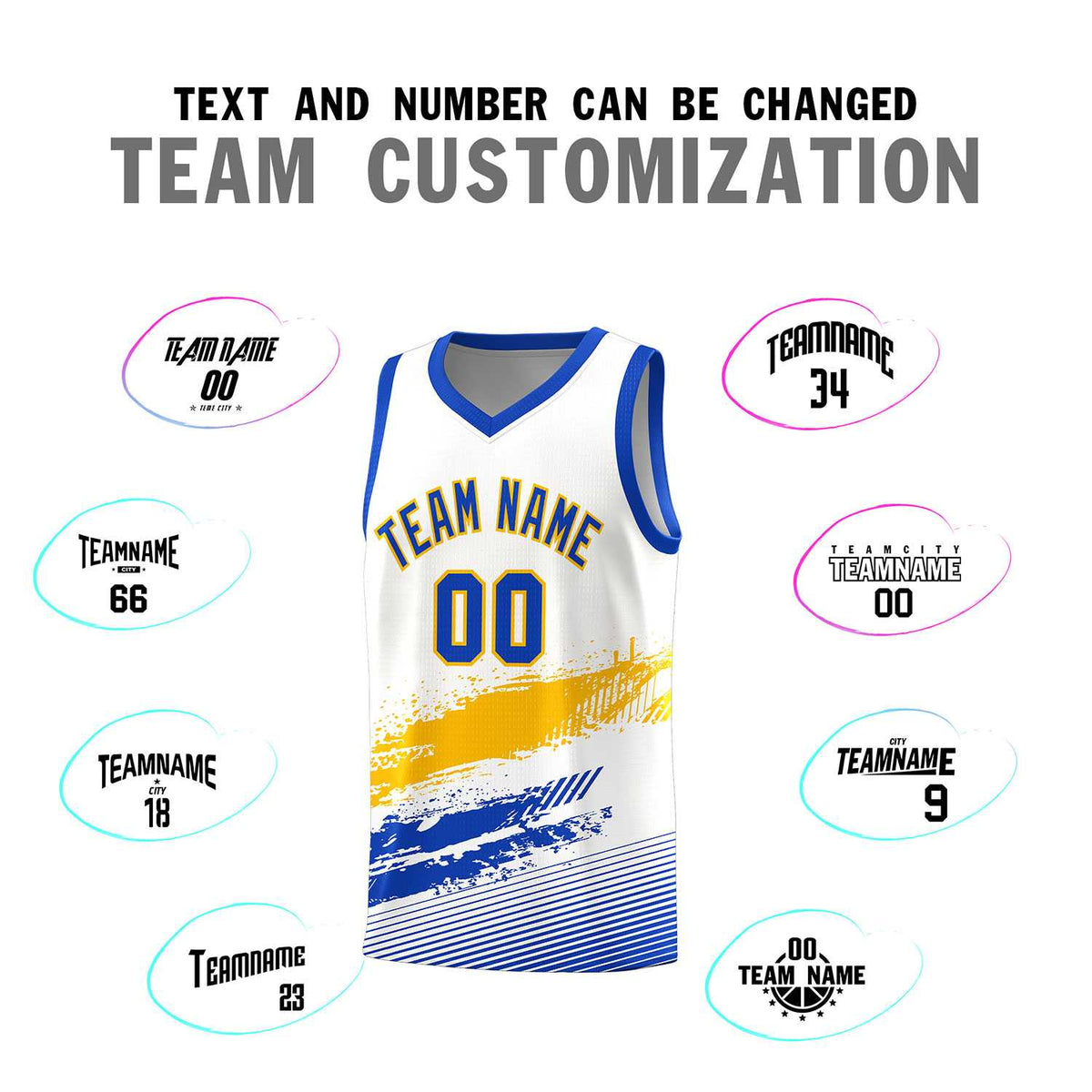 Custom White Yellow and Royal Graffiti Pattern Sports Uniform Basketball Jersey|KXKSHOP
