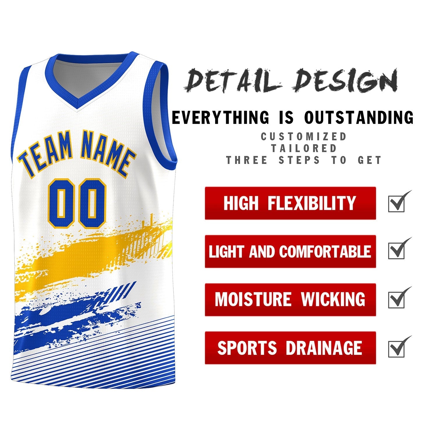Custom White Yellow and Royal Graffiti Pattern Sports Uniform Basketball Jersey|KXKSHOP