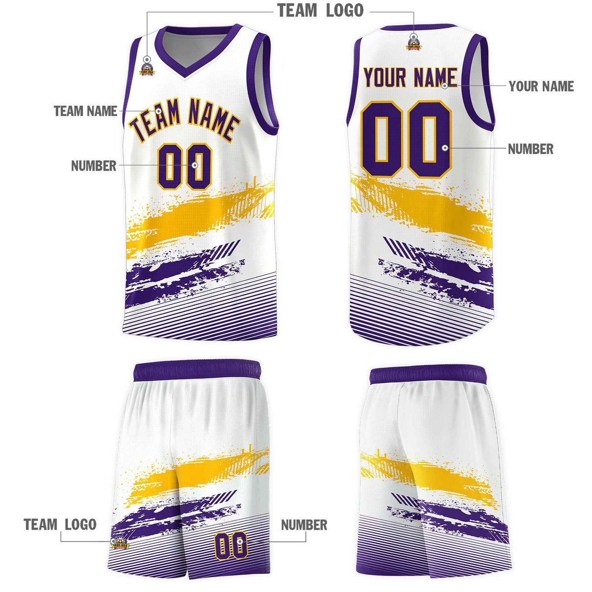 Custom White Yellow and Purple Graffiti Pattern Sports Uniform Basketball Jersey|KXKSHOP