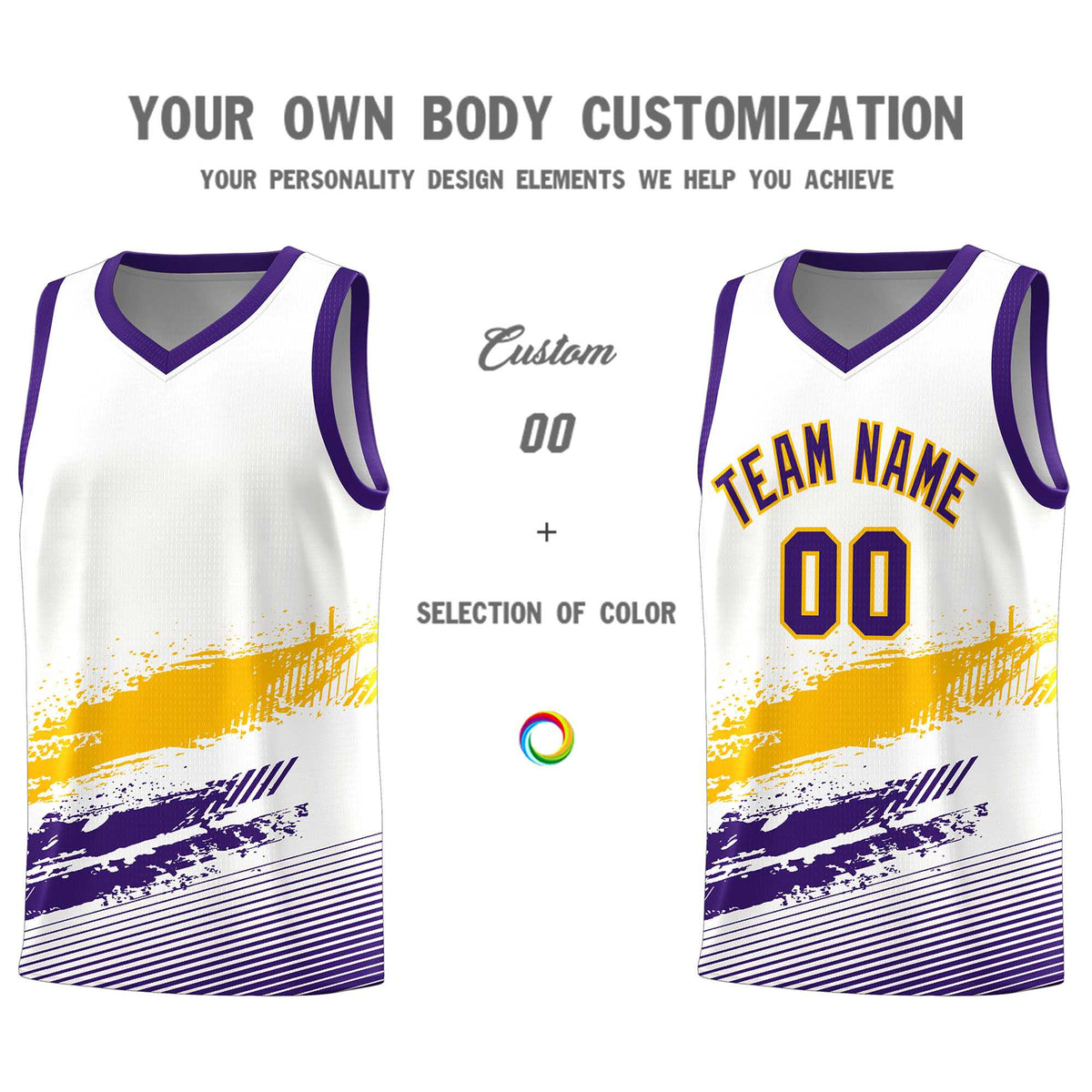 Custom White Yellow and Purple Graffiti Pattern Sports Uniform Basketball Jersey|KXKSHOP