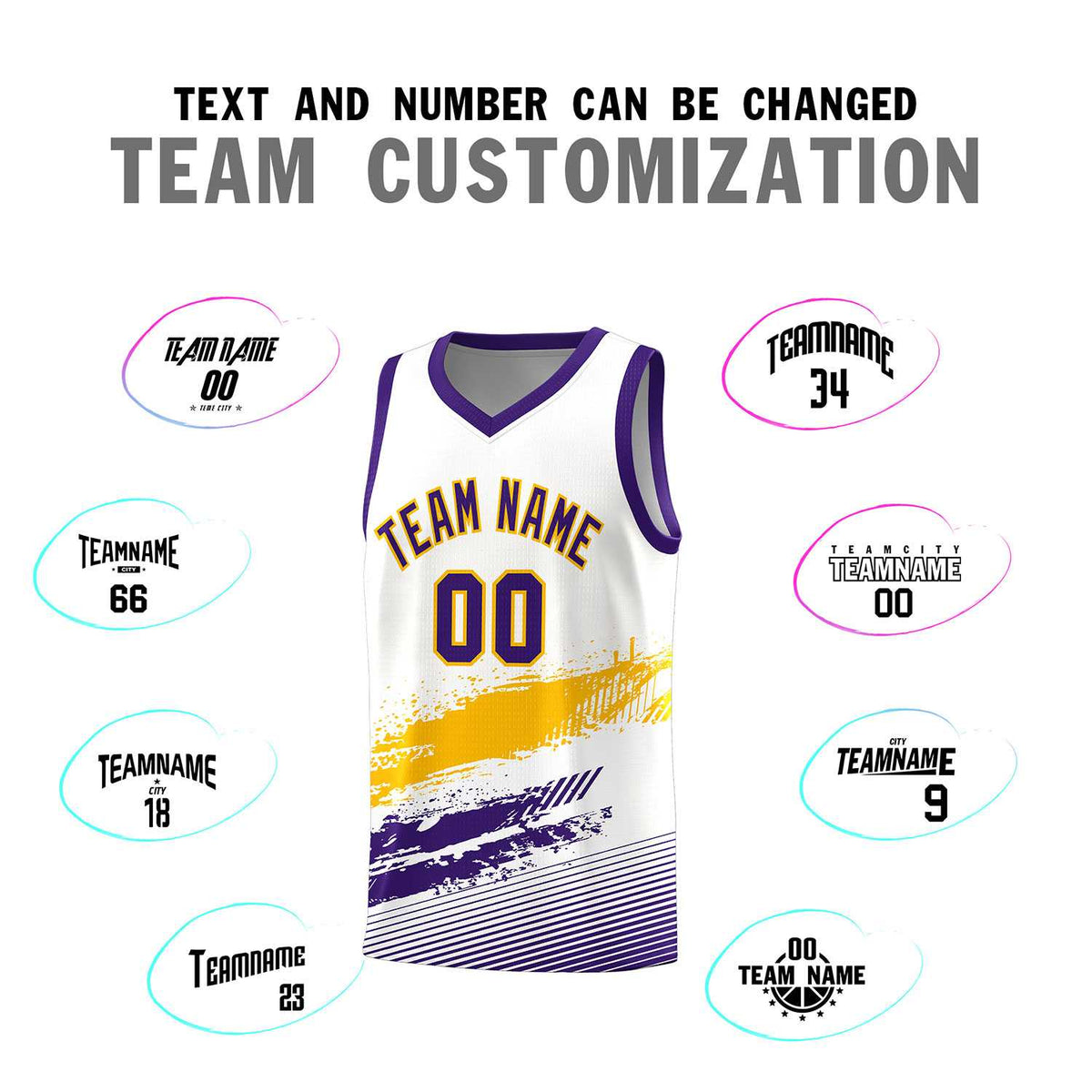 Custom White Yellow and Purple Graffiti Pattern Sports Uniform Basketball Jersey|KXKSHOP