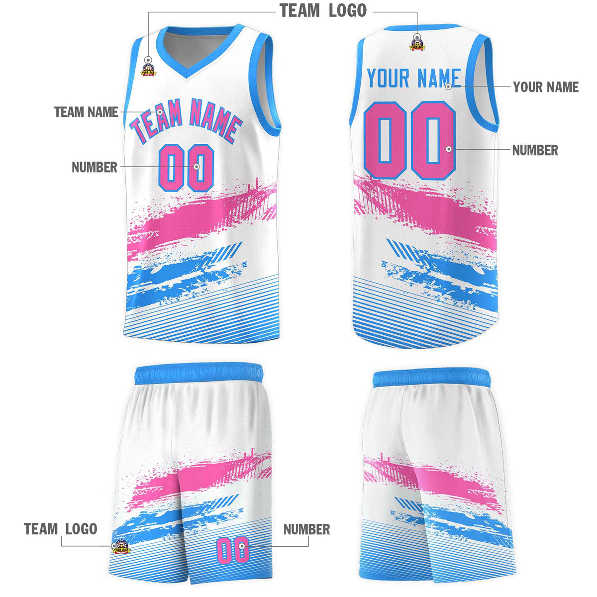 Custom White Pink and Powder Blue Graffiti Pattern Sports Uniform Basketball Jersey|KXKSHOP