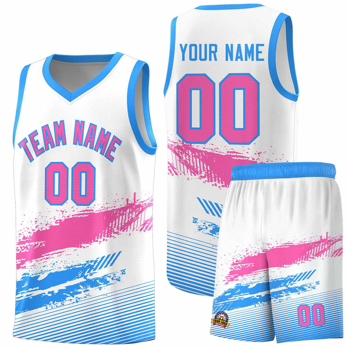 Custom White Pink and Powder Blue Graffiti Pattern Sports Uniform Basketball Jersey|KXKSHOP