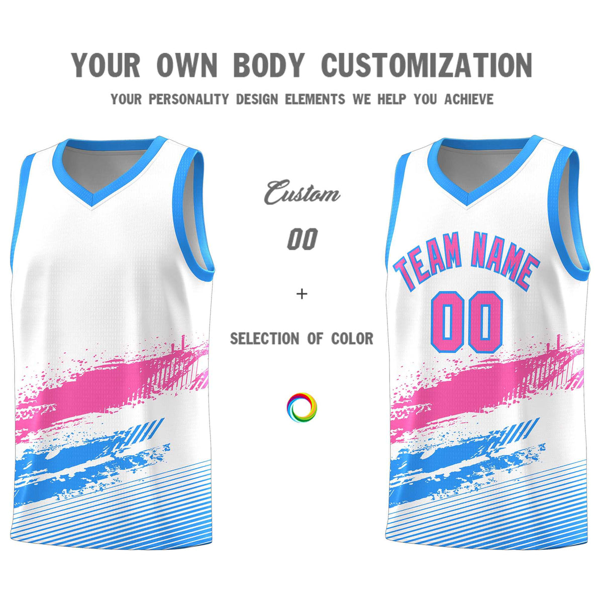 Custom White Pink and Powder Blue Graffiti Pattern Sports Uniform Basketball Jersey|KXKSHOP