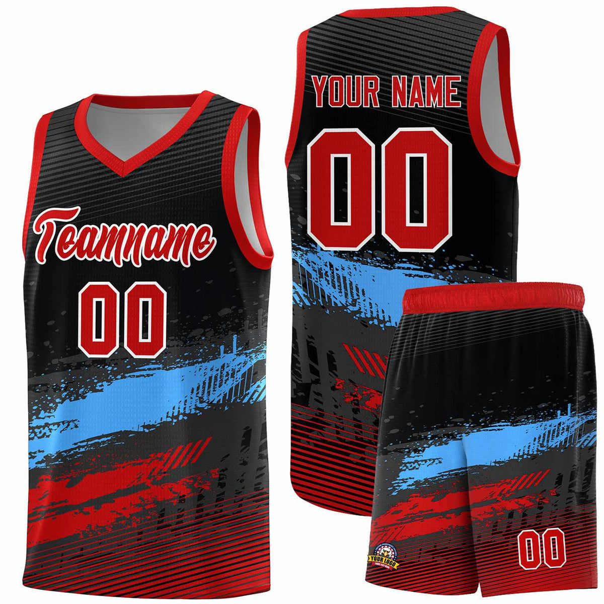 Custom Black Powder Blue and Red Graffiti Pattern Sports Uniform Basketball Jersey|KXKSHOP
