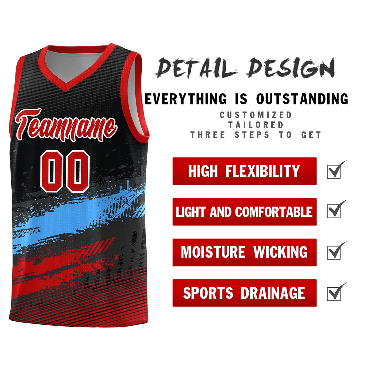 Custom Black Powder Blue and Red Graffiti Pattern Sports Uniform Basketball Jersey|KXKSHOP