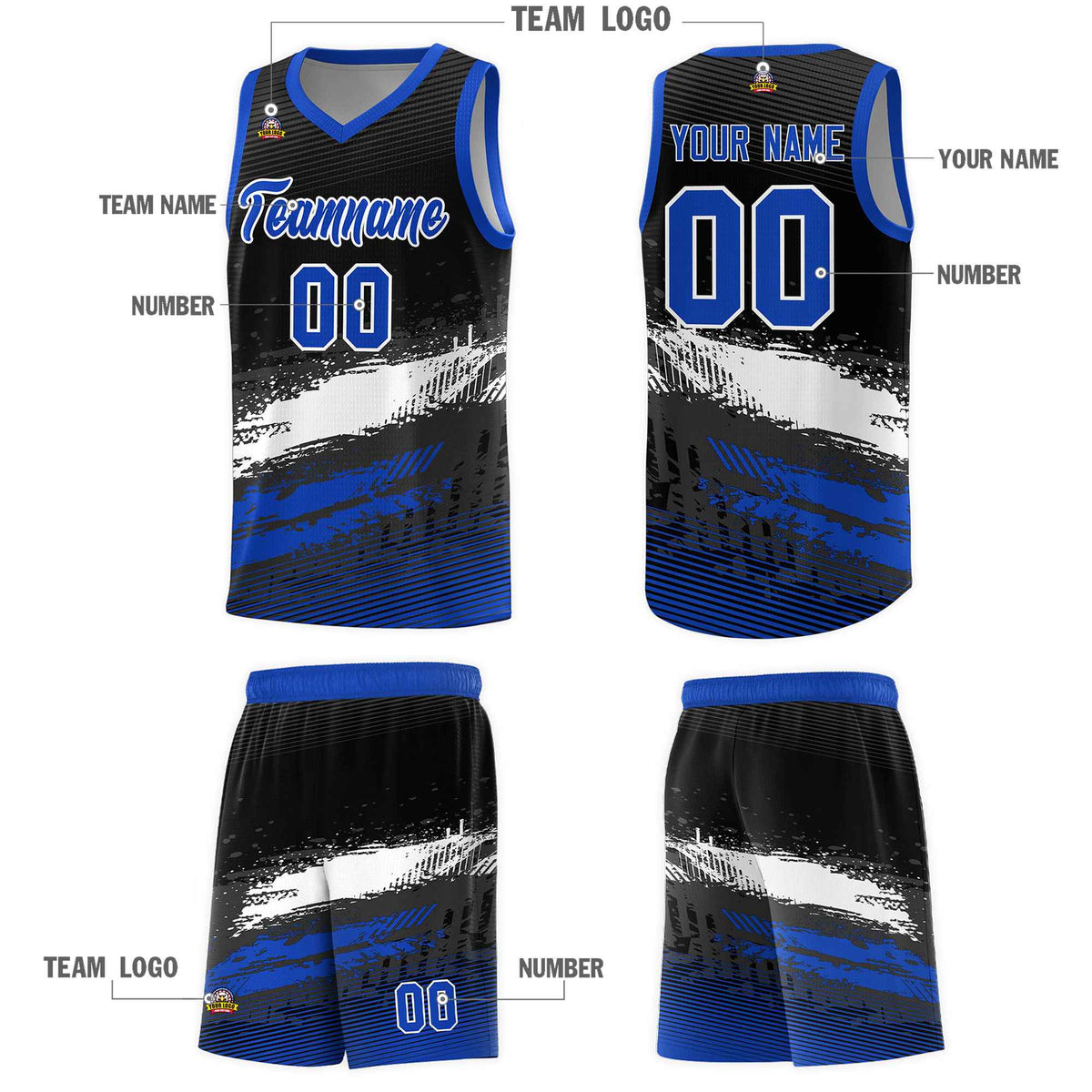 Custom Black White and Royal Graffiti Pattern Sports Uniform Basketball Jersey|KXKSHOP