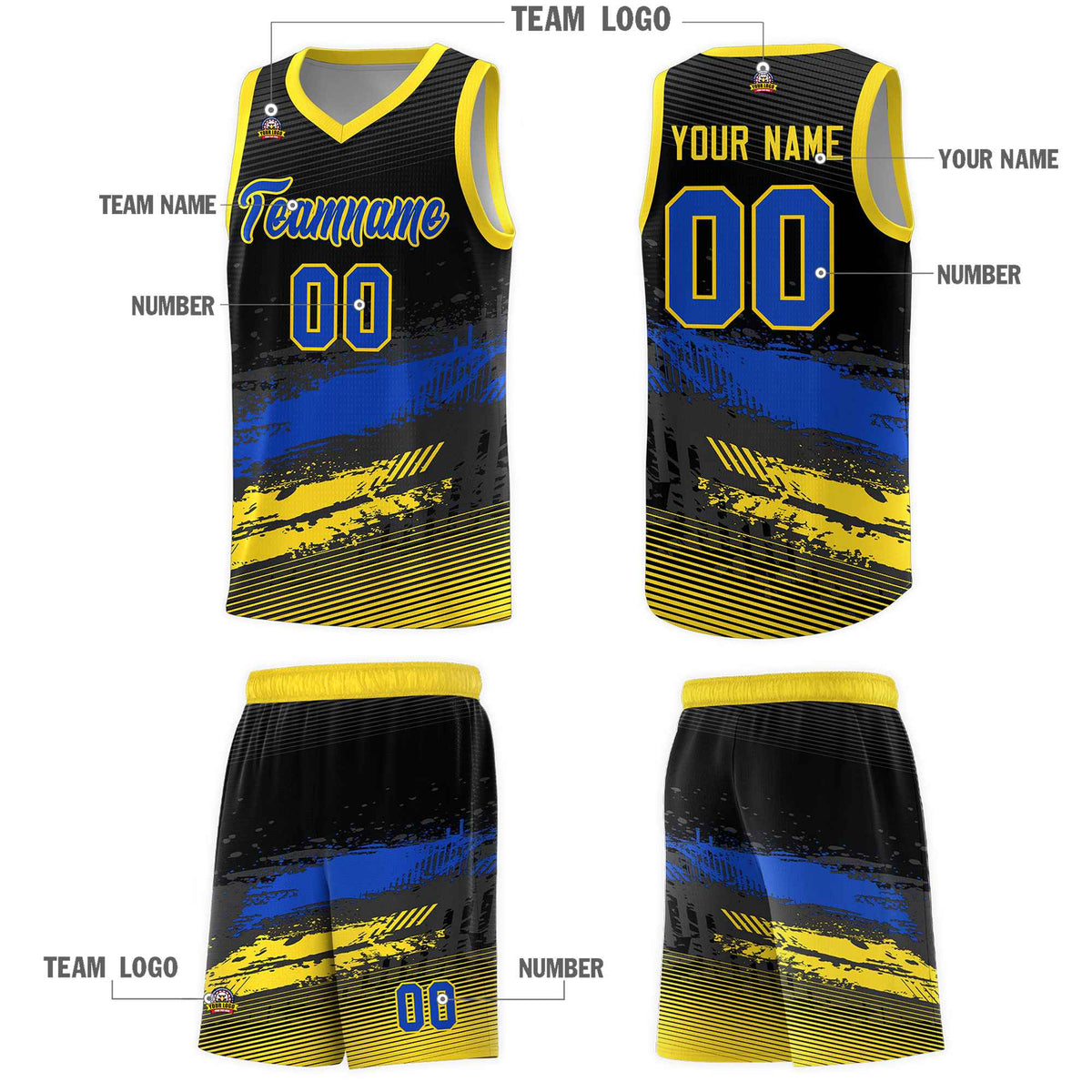 Custom Black Royal and Gold Graffiti Pattern Sports Uniform Basketball Jersey|KXKSHOP