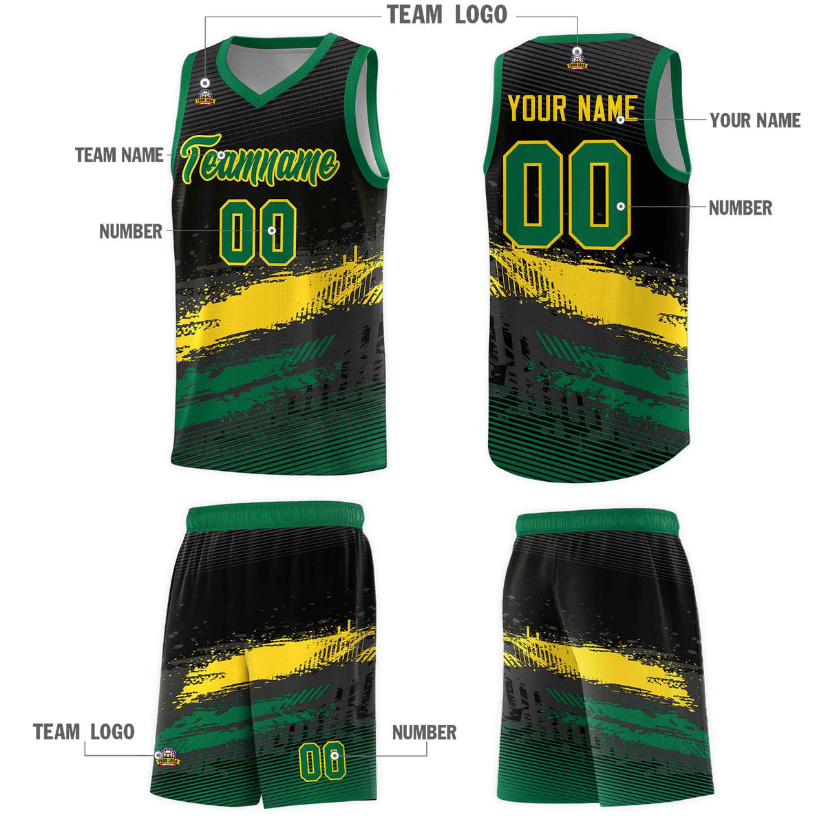 Custom Black Yellow and Kelly Green Graffiti Pattern Sports Uniform Basketball Jersey|KXKSHOP