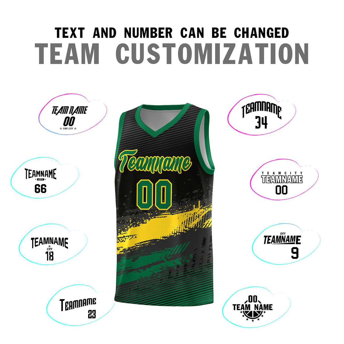 Custom Black Yellow and Kelly Green Graffiti Pattern Sports Uniform Basketball Jersey|KXKSHOP