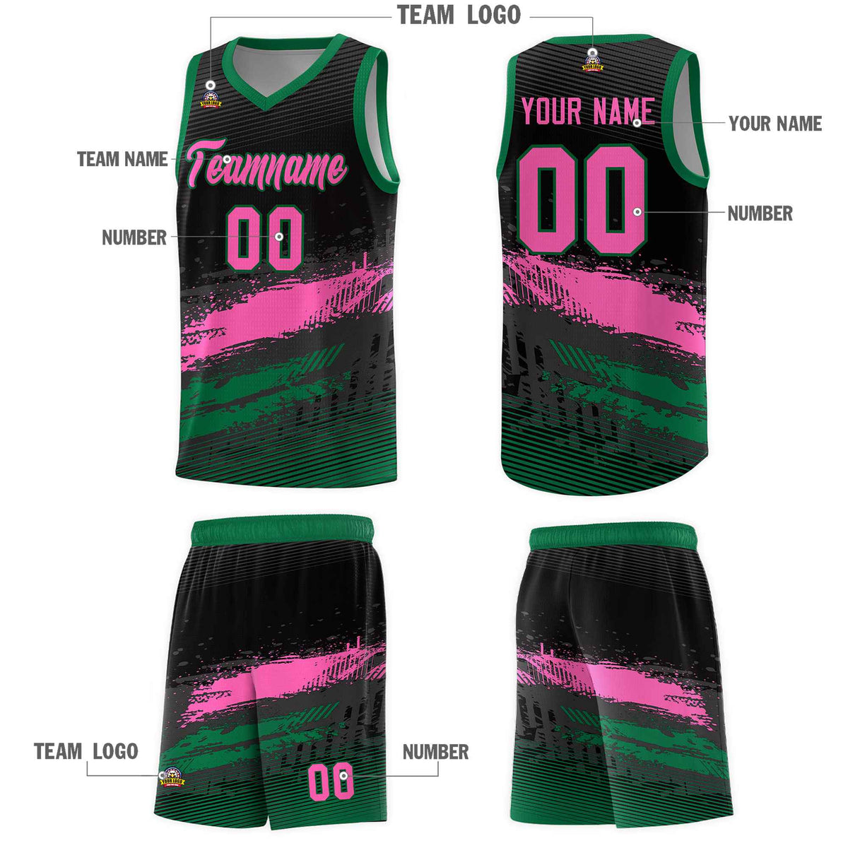 Custom Black Pink and Kelly Green Graffiti Pattern Sports Uniform Basketball Jersey|KXKSHOP