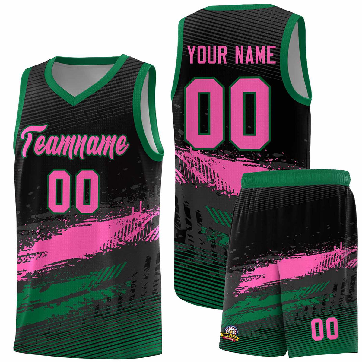 Custom Black Pink and Kelly Green Graffiti Pattern Sports Uniform Basketball Jersey|KXKSHOP
