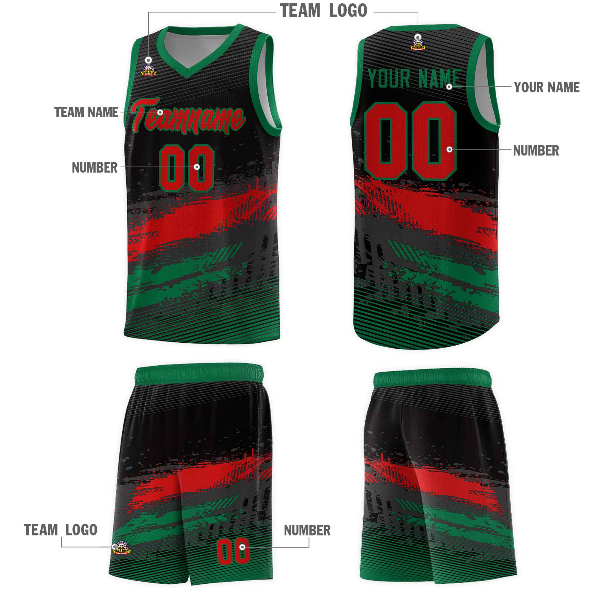 Custom Black Red and Kelly Green Graffiti Pattern Sports Uniform Basketball Jersey|KXKSHOP