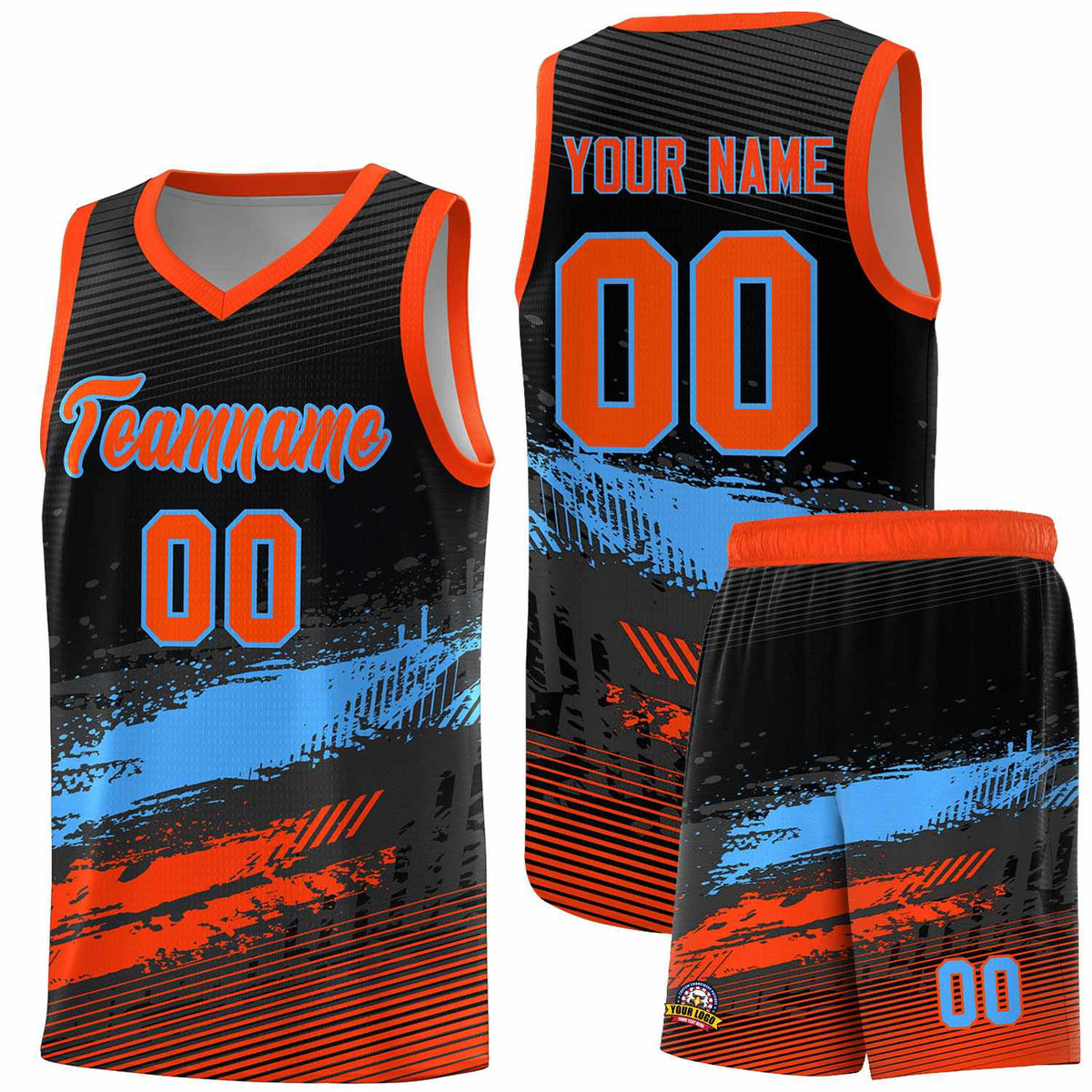 Custom Black Powder Blue and Orange Graffiti Pattern Sports Uniform Basketball Jersey|KXKSHOP