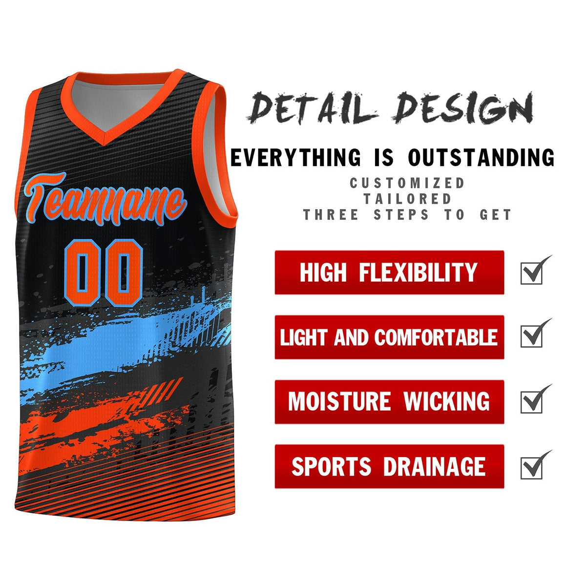 Custom Black Powder Blue and Orange Graffiti Pattern Sports Uniform Basketball Jersey|KXKSHOP