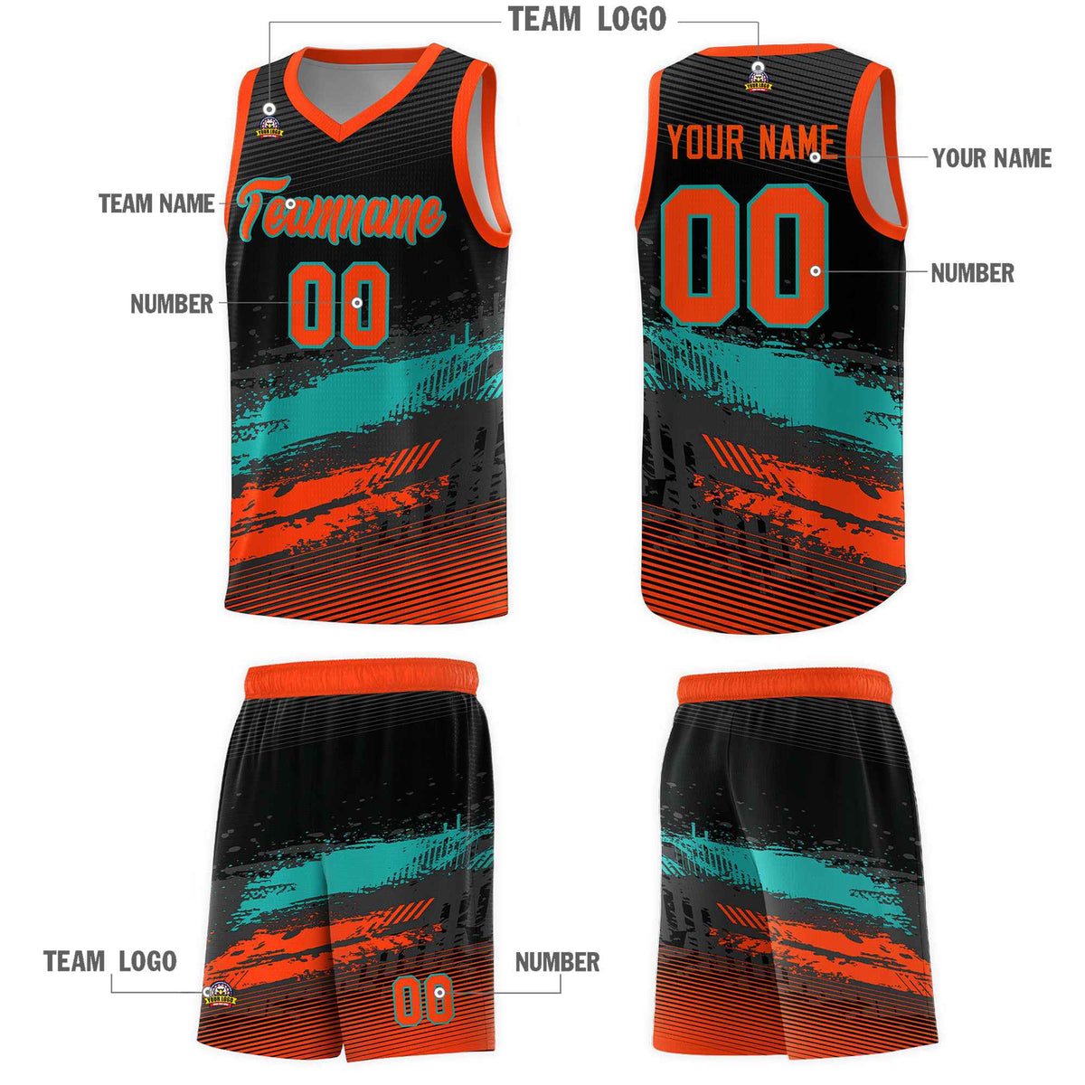 Custom Black Aqua and Orange Graffiti Pattern Sports Uniform Basketball Jersey|KXKSHOP