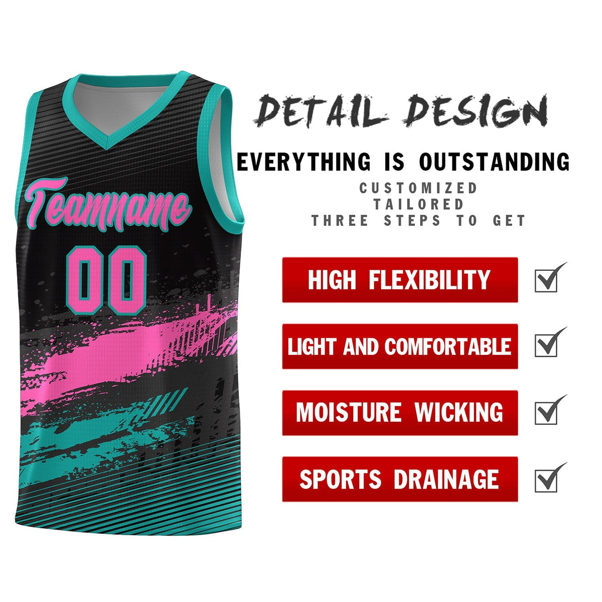 Custom Black Pink and Aqua Graffiti Pattern Sports Uniform Basketball Jersey|KXKSHOP