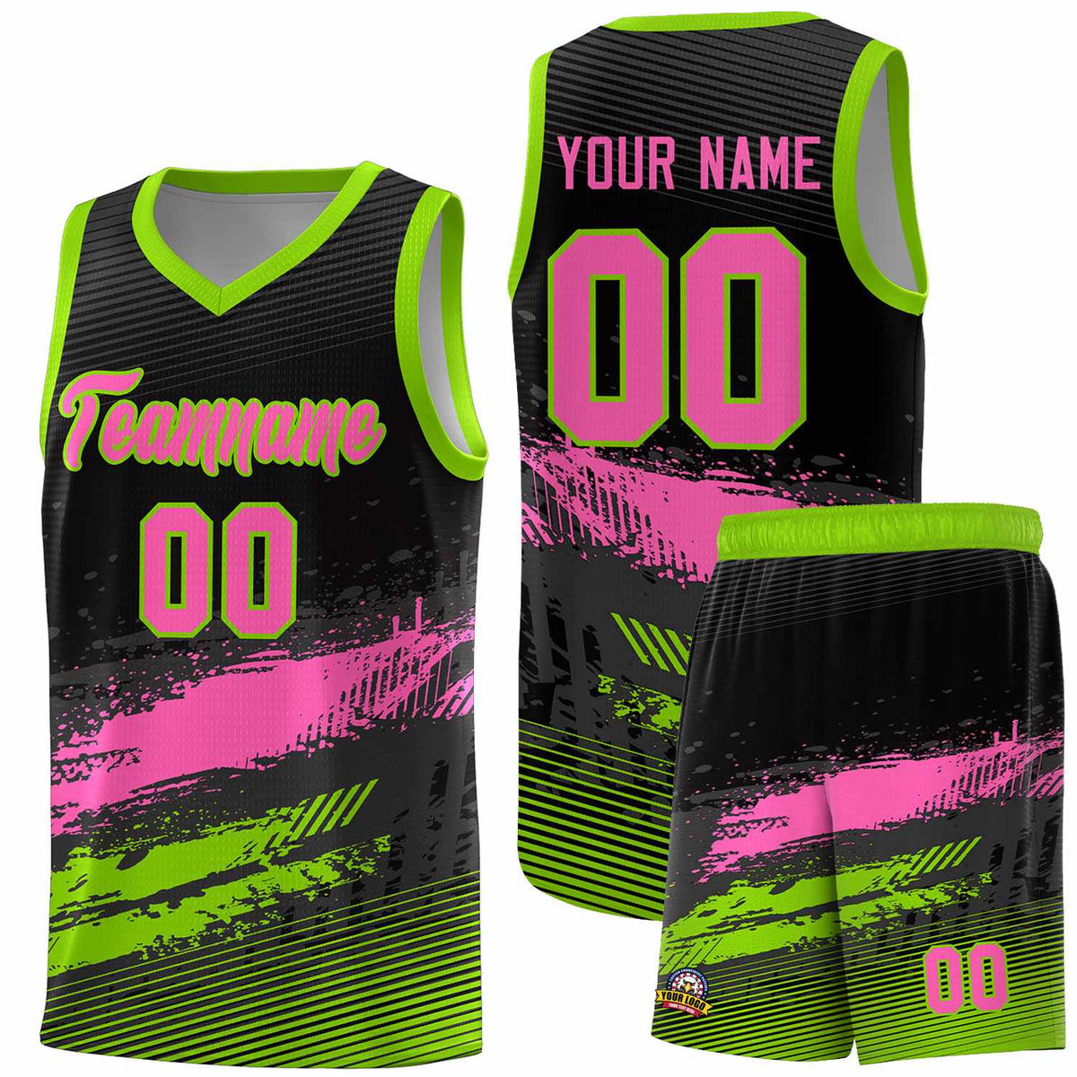 Custom Black Pink and Neon Green Graffiti Pattern Sports Uniform Basketball Jersey|KXKSHOP
