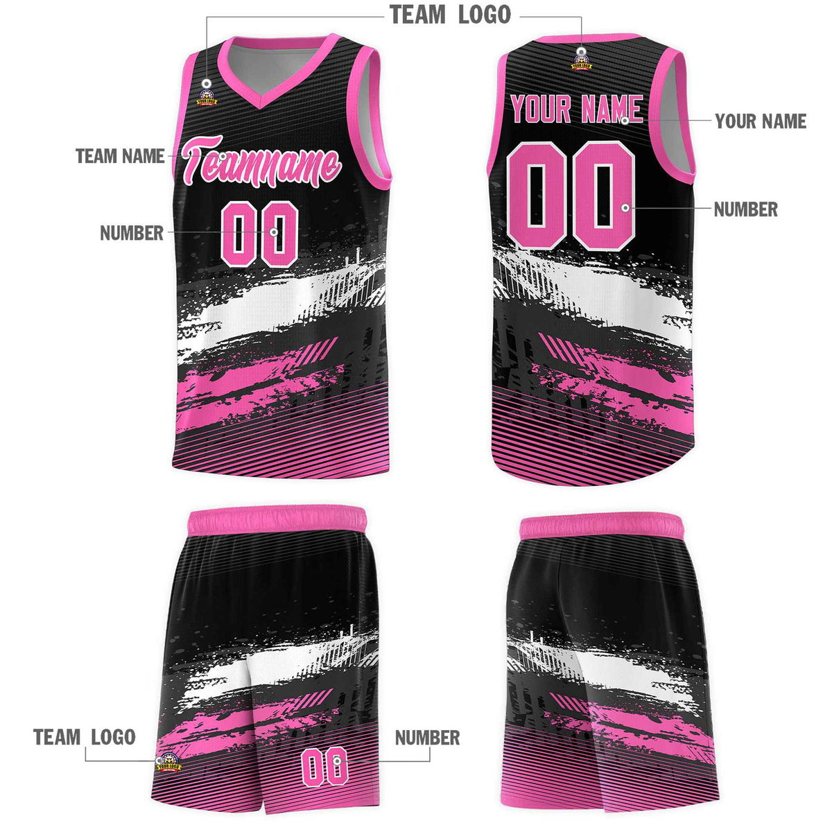 Custom Black White and Pink Graffiti Pattern Sports Uniform Basketball Jersey|KXKSHOP