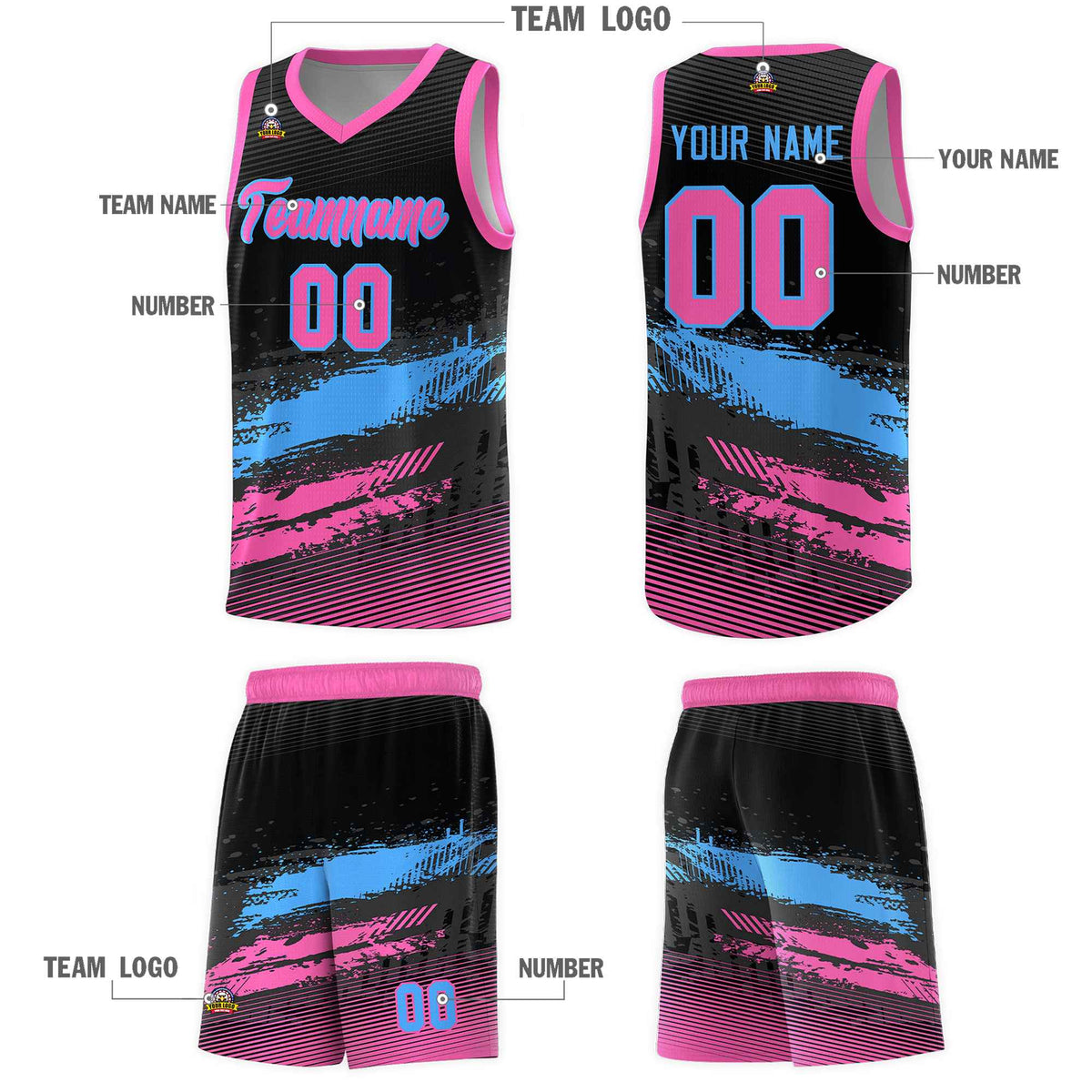 Custom Black Powder Blue and Pink Graffiti Pattern Sports Uniform Basketball Jersey|KXKSHOP
