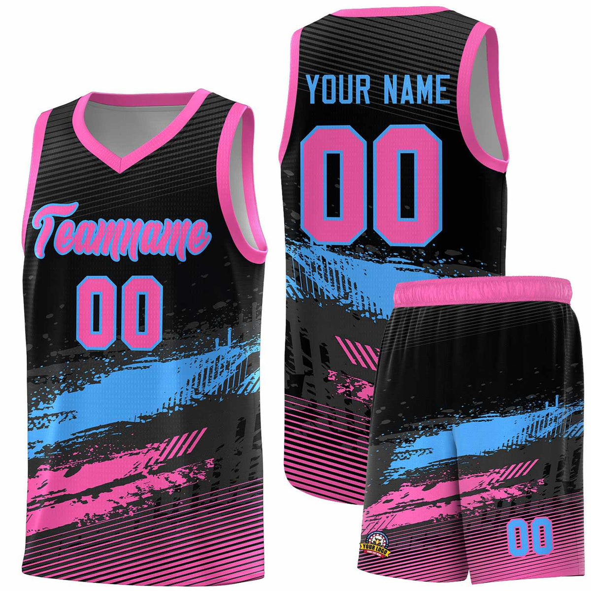 Custom Black Powder Blue and Pink Graffiti Pattern Sports Uniform Basketball Jersey|KXKSHOP