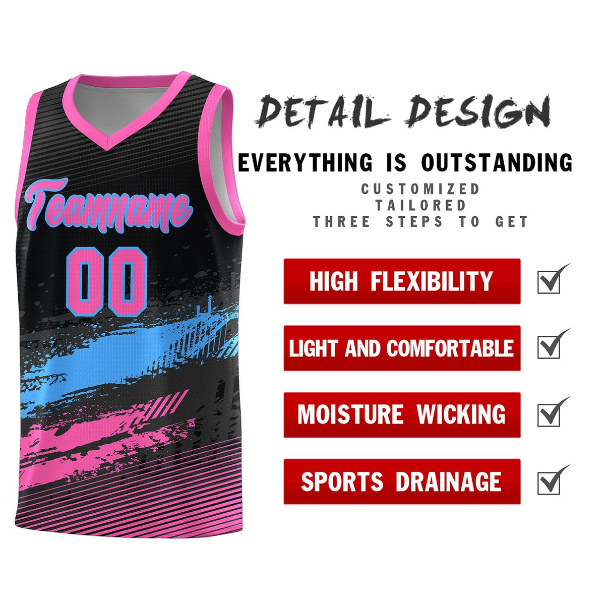 Custom Black Powder Blue and Pink Graffiti Pattern Sports Uniform Basketball Jersey|KXKSHOP